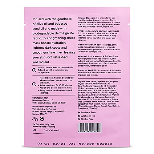 Quench Botanics Mon Cherry Sheet Mask for Bright and Clear Skin | Made in Korea | Sheet Mask Drenched with Serum | Brightens Skin and Boosts Radiance | with Cherry Blossom, Grapefruit, Pearl, Olive Oil and Babassu Seed Oil