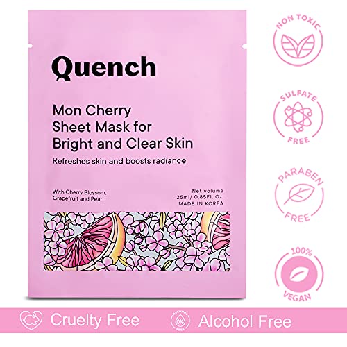 Quench Botanics Mon Cherry Sheet Mask for Bright and Clear Skin | Made in Korea | Sheet Mask Drenched with Serum | Brightens Skin and Boosts Radiance | with Cherry Blossom, Grapefruit, Pearl, Olive Oil and Babassu Seed Oil