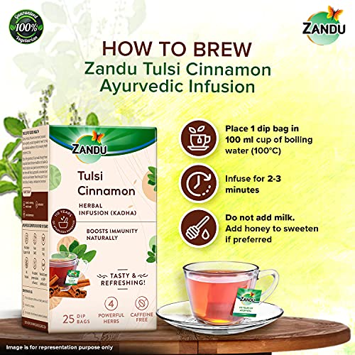 Zandu Tulsi Cinnamon Ayurvedic Infusion (Kadha) - 50 dip bags, Natural Immunity Booster Herbal Tea, Full of Anti-oxidants - (Pack of 25 Tea Bags X 2)