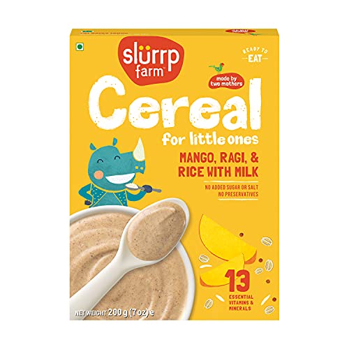 Slurrp Farm Baby Cereal, Ragi, Rice and Mango with Milk, Instant Healthy Food, NO Sugar NO Salt, Made with Natural Grains and Dates Powder, 200 g