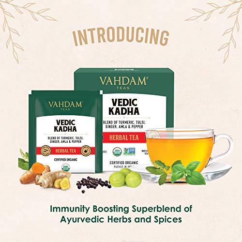 VAHDAM - Organic Ayurvedic Kadha Tea 15 TBS | Herbal Tea for Immunity | Grandma's  Kadha with Tulsi, Amla, Turmeric, Ginger, Black Pepper, Fennel, Cumin and Cloves - 15 Ayush Kadha TBS