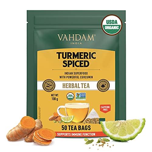 VAHDAM - Organic Spiced Turmeric Tea - 50 Herbal Tea Bags | Blend of Turmeric Powder & Fresh Spices | Herbal Tea for Weight Loss | 100% Natural Detox