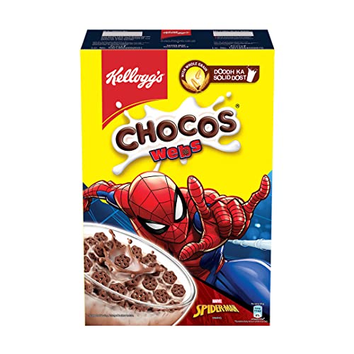 Kellogg's  Chocos Webs with Spiderman Cut Out Mask, with Whole Grain, High in Fibre, High in Calcium & Protein, with 10 Essential Vitamins & Minerals, Breakfast Cereals, 300g Pack