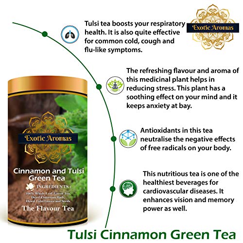 Exotic Aromas Cinnamon and Tulsi Green Tea (200 G, serves 100 cups), 100 % Whole Leaf Green tea with antioxident properties