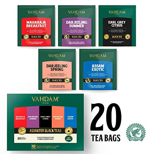 Vahdam, Black Tea Sampler, 5 Teas - Tea Variety Pack | Assorted Black Tea Bags | English Breakfast, Darjeeling, Assam, Earl Grey Tea Bags | 20 Count | Finest Tea Gift Set & Tea Gift For Tea Lovers