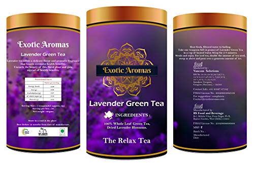 Exotic Aromas Lavender Green Tea (100 G, serves 50 cups), 100 % Whole Leaf Green tea for stress relief, good sleep and relaxation