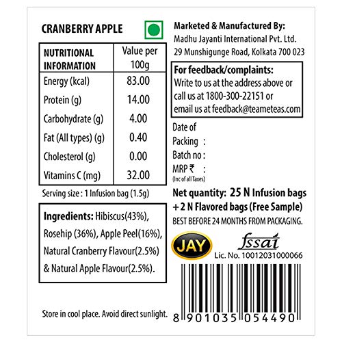 TE-A-ME Cranberry Apple Infusion Tea, 25 Tea Bags | 100% Caffeine Free | Flavored Infusion Tea