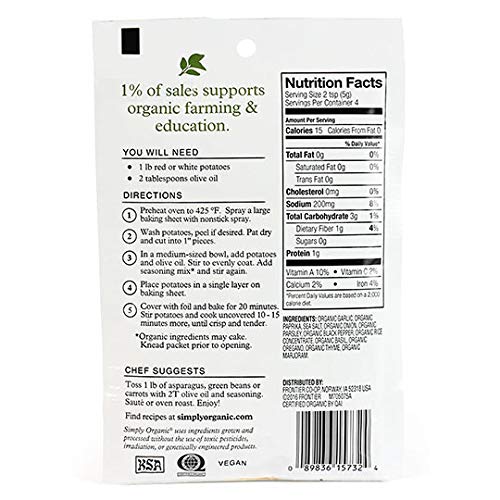 Simply Organic Garlic & Herb Vegetable Seasoning Mix, Certified Organic, Vegan | 0.71 oz | Pack of 12