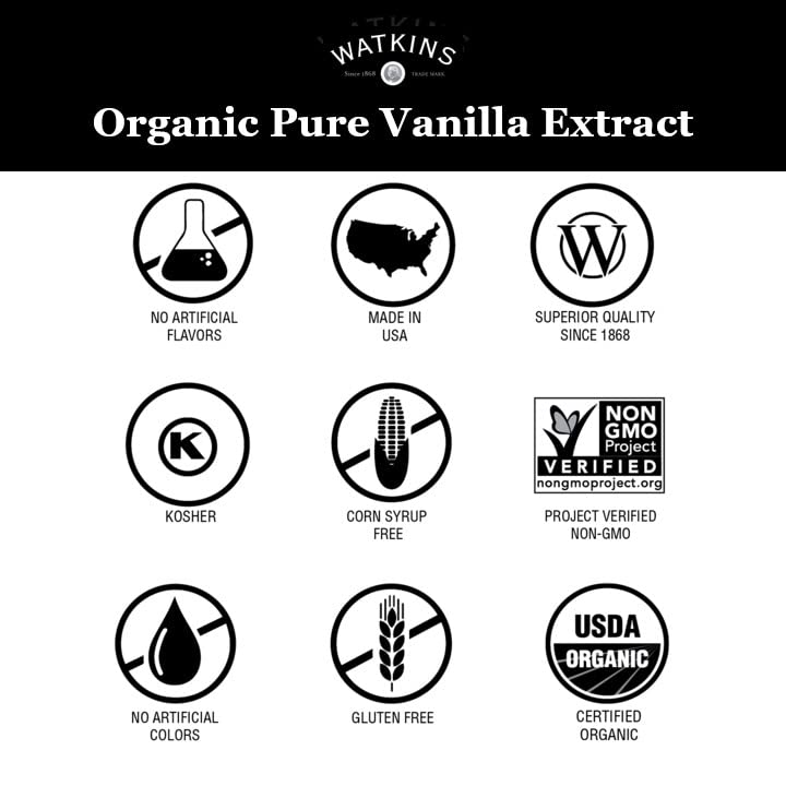 Watkins Organic Pure Vanilla Extract, with Madagascar Vanilla Beans, Non-GMO, Kosher, 4 oz. Bottle, 1-Pack