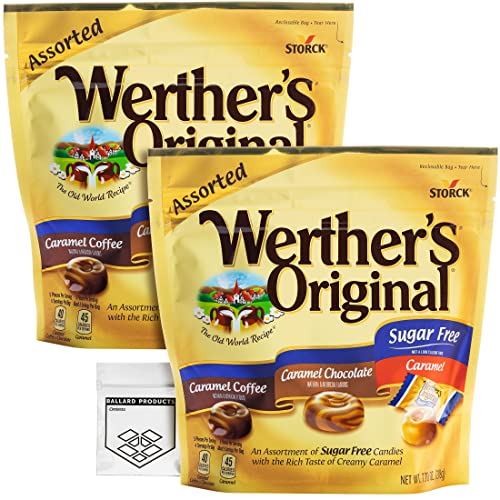 Werther's  Original Sugar Free Assorted Candy Pack of 2 Bags of Hard Candy (7.7oz Each) - 3 Flavors: Coffee, Chocolate, Caramel - Bundle with Ballard Products Pocket Bag