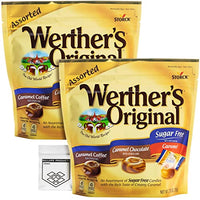 Werther's  Original Sugar Free Assorted Candy Pack of 2 Bags of Hard Candy (7.7oz Each) - 3 Flavors: Coffee, Chocolate, Caramel - Bundle with Ballard Products Pocket Bag