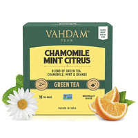 VAHDAM, Organic Chamomile Tea with Mint & Citrus (15 Pyramid Tea Bags) Low Caffeine, Calming & Relaxing Green Tea Blend | 100% Natural Detox Chamomile Tea Bag | Brew Hot or Iced Tea | Camomile Tea