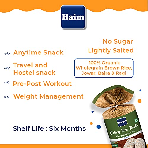 HAIM Organic Crispy Rice Thick Wholegrain Brown Rice Cakes with Multigrain (Jowar, Bajra & Ragi) (Vegan, All Natural, Gluten Free), 110 g