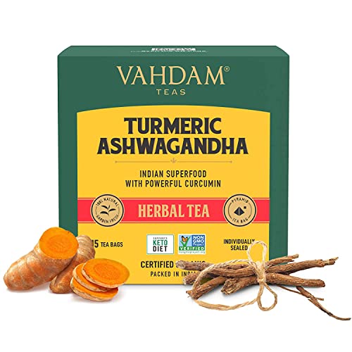 VAHDAM Organic Turmeric + Ashwagandha Herbal Tea | 15 Tea Bags of Immunity Tea | Certified USDA Organic | Pure Detox Tea