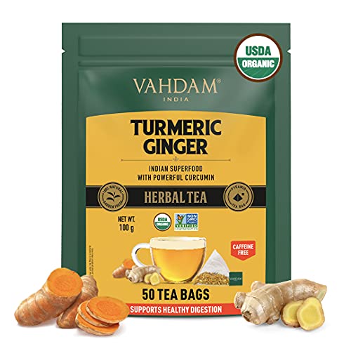 VAHDAM, Organic Turmeric Ginger Powerful Superfoods - 50 Herbal Tea Bags | Powerful Wellness & Healing Properties of Turmeric & Ginger | 100% Natural | Brew as Hot or Iced Tea