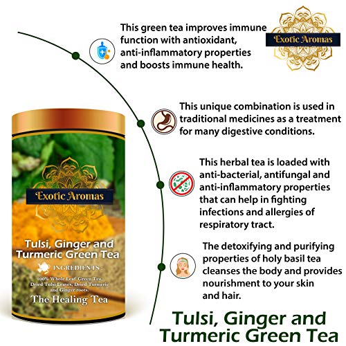 Exotic Aromas Turmeric, Tulsi & Ginger Green Tea (200G serves 100 cups), 100% Whole Leaf Green Tea for Health benefits