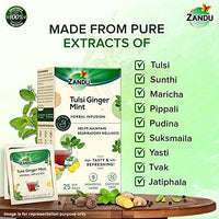 Zandu Tulsi Ginger Mint Herbal Infusion, a Herbal Tea Enriched with Ayurvedic Ingredients (25 Tea Bags)