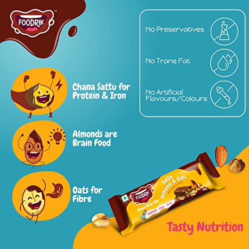 Foodrik Chocolate Nutri Snack Bar | Sattu, Almonds, Oats, Dates and Honey | Wrapped in Tasty Chocolate | Healthy Nutrition Bar for Kids and Adults | (Pack of 6, 26gm x 6 Bars)