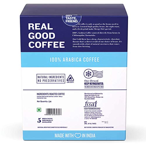 Sleepy Owl Coffee French Vanilla Cold Brew Packs | Set of 5 Packs - Makes 15 Cups |3 Step Brew - No Equipment Required | 100% Arabica Beans - Sourced Directly from Farms