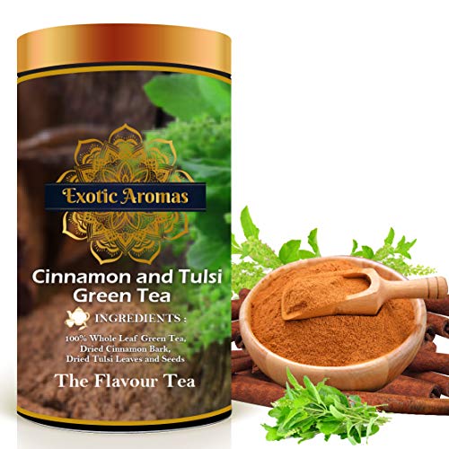 Exotic Aromas Cinnamon and Tulsi Green Tea (50 G, serves 25 cups), 100 % Whole Leaf Green tea with antioxident properties