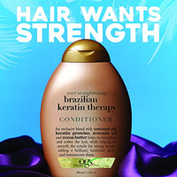 OGX Ever Straightening Brazilian Keratin Smooth Conditioner | With Coconut Oil, Keratin Proteins, Avocado Oil & Cocoa Butter, For Dry, Curly, Frizzy & Fine hair, Sulfate Free Surfactants, No Parabens, 385 ml