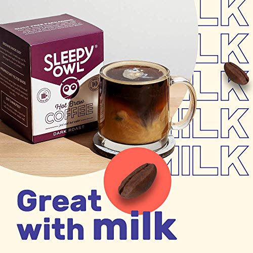 Sleepy Owl Coffee Mocha Hot Brew Bags | Set of 10 Bags - Makes 10 Cups | 3 Step Brew - No Equipment Required | 100% Arabica Beans - Sourced Directly from Farms