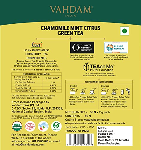 VAHDAM Organic Chamomile Green Tea with Mint & Citrus (50 Tea Bags) - USDA Certified Organic Chamomile Tea for Stress Relief and Good Sleep | 100% Whole Long Leaf, Pyramid Tea Bags