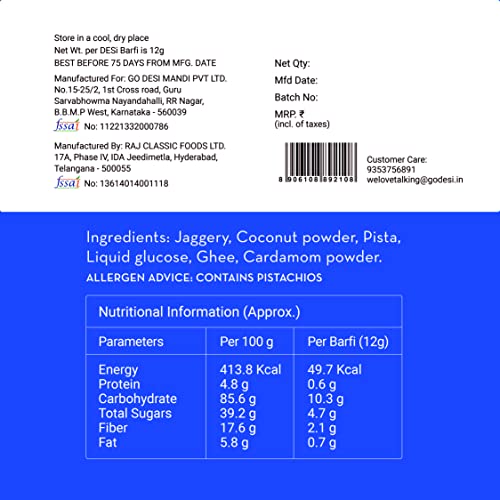 GO DESi - DESi Meetha Pista Coconut Barfi | 300 Grams | 25 Individually Wrapped Pieces | Dry Fruits Sweet | No Refined Sugar | Sweets Indian Mithai