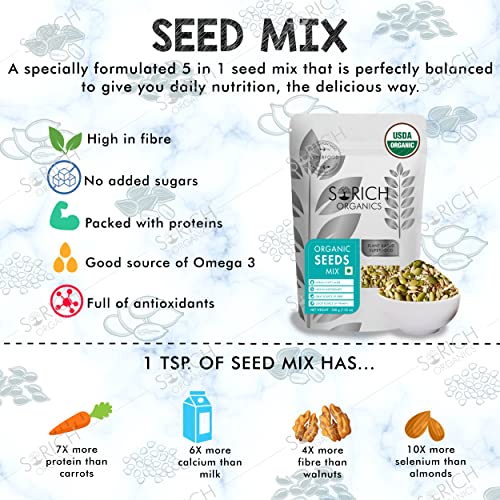Sorich Organics 6-in-1 USDA Organic Seeds Mix - Mixture of Chia, Pumpkin, Sunflower, Flax Seeds and many more for Weight Management - 200 Gm - Healthy Seeds for Eating | Diet Snacks | Vegan | Gluten Free