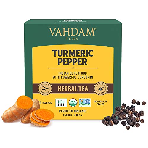 VAHDAM, Turmeric Pepper Herbal Tea- 15 Tea Bags | 100% Natural Ingredients | Health Benefits of Active Turmeric + Pepper + Cardamom + Cloves | Low Caffeine Herbal Detox Tea Blend | Anti-Inflammatory