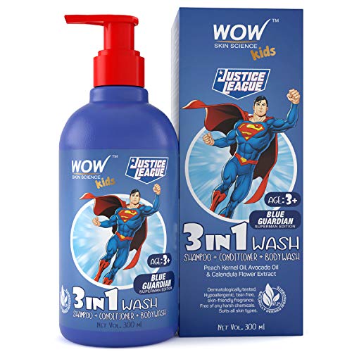 WOW Skin Science Kids 3 in 1 Wash - Shampoo + Conditioner + Body Wash - Blue Guardian Superman Edition - No Parabens, Color, Mineral Oil, Silicones & Sulphate - 300mL