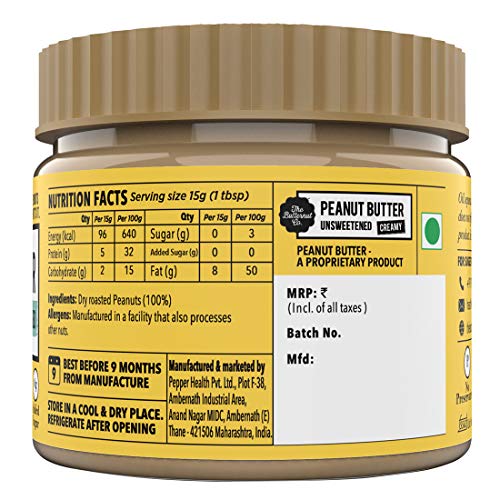 The Butternut Co. Peanut Butter Unsweetened, Creamy 340 gm (No Added Sugar, Vegan, High Protein, Keto)