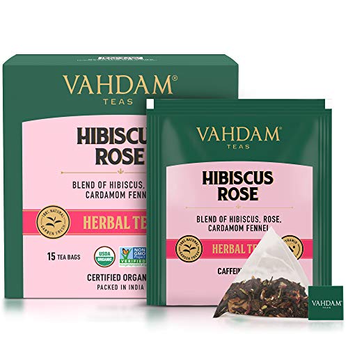 VAHDAM, Hibiscus Rose Herbal Tea- 15 Tea Bags | 100% Natural Ingredients | Calming Hibiscus & Fragrant Rose- Certified Organic | Nourishing, Hydrating, Alleviates Stress, Promotes Better Sleep