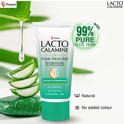 Lacto Calamine Aloe Vera Gel with 99% Pure Natural Aloe Vera, Vitamin E and Glycerin for non-sticky hydration and cooling effect. Lightweight. Soothes and Nourishes skin. No Parabens, No Sulphates - 150 g - Pack of 1
