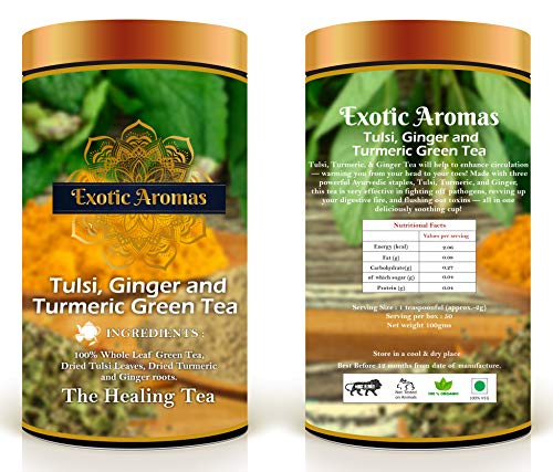 Exotic Aromas Turmeric, Tulsi & Ginger Green Tea (100 G serves 50 cups), 100% Whole Leaf Green Tea for Health benefits