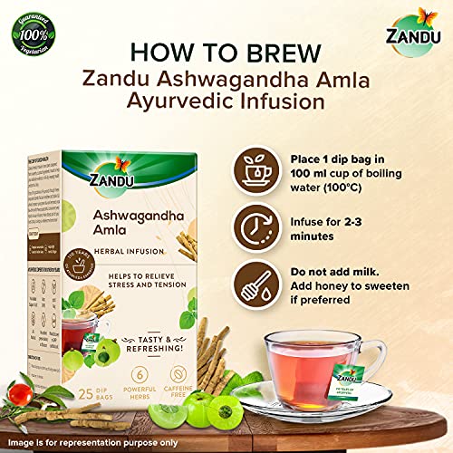 Zandu Ashwagandha Amla Ayurvedic Infusion, a Herbal Tea Enriched with 6 Ayurvedic Ingredients (Pack of 25 Tea Bags X 2)