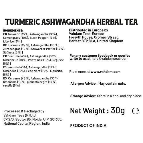 VAHDAM Organic Turmeric + Ashwagandha Herbal Tea | 15 Tea Bags of Immunity Tea | Certified USDA Organic | Pure Detox Tea
