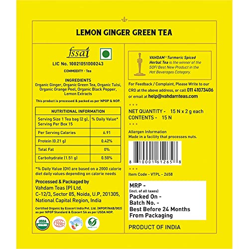 VAHDAM - Organic Ginger Lemon Green Tea -15 Green Tea Bags | Lemon Tea - Rich in Vitamin C | Certified Organic Detox Tea & Ginger Tea Aids Weight Loss