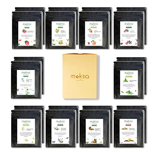 Moksa Assorted Tea Sampler Pack Luxurious Black, Green, Detox, Masala CTC, Peach, Chamomile, Herbal Biodegradable Pyramid Tea Bags Set of 20