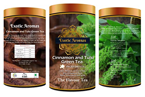 Exotic Aromas Cinnamon and Tulsi Green Tea (50 G, serves 25 cups), 100 % Whole Leaf Green tea with antioxident properties