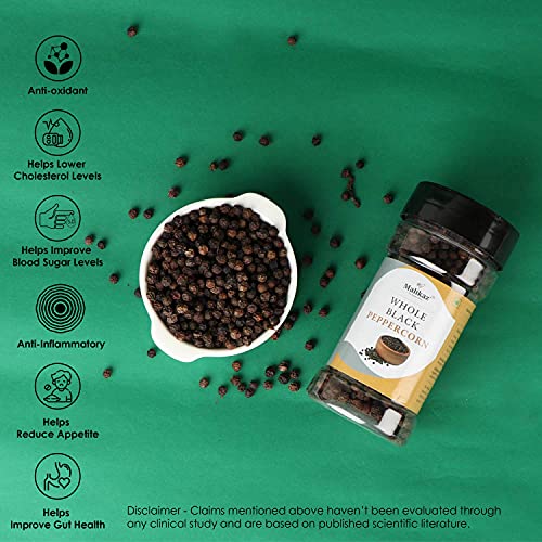 Malikaz' The Royale Taste Whole Black Peppercorns Jar, 80 g | King of Spices | 100% Natural | No Additives | Easy to Provide a Flavour Boost to All Your Dishes |