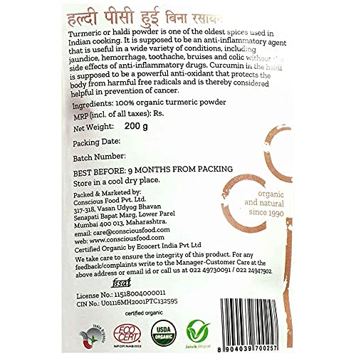 Conscious Food Turmeric Powder| Certified Organic | Antioxidant & Anti-Inflammatory | Iron-Pounded | Pure Haldi - 200g
