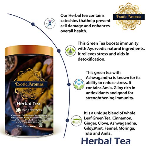 Exotic Aromas Herbal Tea, Green Tea (100 G serves 50 cups) with Ashwagandha, Giloy, Amla, Cinnamon, Fennel, , Peppermint and Moringa, Green Tea for Weightloss, Detox and Immunity
