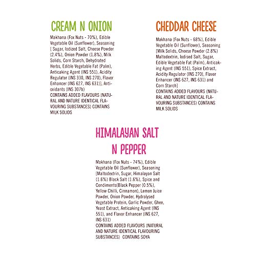 Meal of The Moment Makhana Super Pack -Assorted Flavors - Tomato Achaari & Cheddar Cheese, Cream N Onion (Pack of 3, 60g Each)