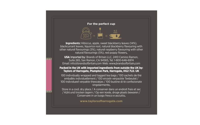 Taylors of Harrogate Blackberry & Raspberry Herbal Tea, 100 Count (Pack of 1)