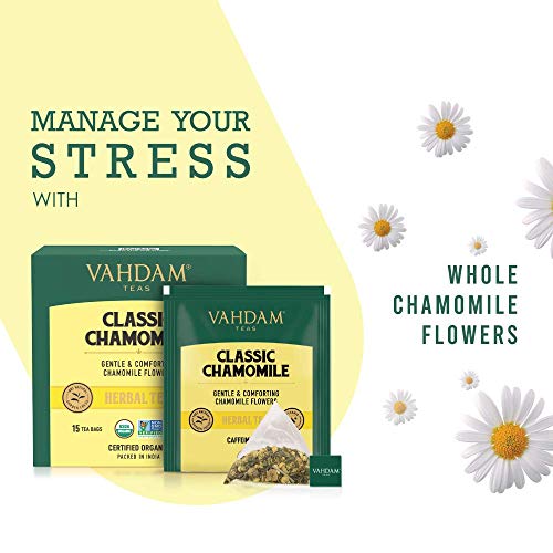 VAHDAM, Organic Chamomile Herbal Tea (15 Pyramid Tea Bags) Caffeine Free, Non-GMO, USDA Organic Ingredients- Chamomile Tea | Floral Flavor | Night Time Beverage, Soothing Tisane
