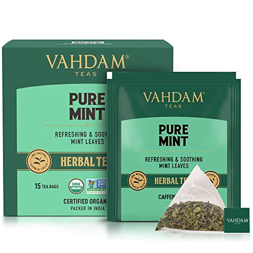 VAHDAM, Pure Mint Herbal Tea (15 Pyramid Tea Bags) Caffeine Free, Non-GMO, USDA Organic Ingredients- Peppermint & Spearmint Tea | Mint Tea Bags, Herbal Detox Tea Packed in Eco-Conscious Tea Bags