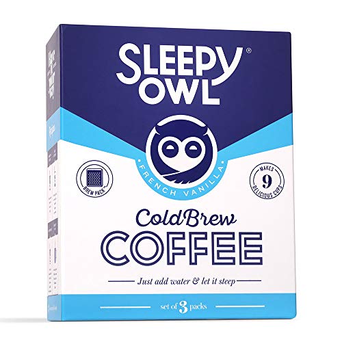 Sleepy Owl Coffee French Vanilla Cold Brew Packs | 3 Step Brew - No Equipment Required | Cold Brew Coffee | 100% Arabica Beans | Set of 3 Packs - Makes 9 Cups