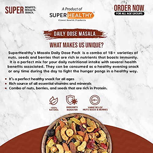 SuperHealthy Daily Dose Mixed Nuts, Seeds and Berries- Organic Trail Mix | Dry Fruit Nutmix | 20+ Varieties like Almonds, Cashews, Cranberries, Pumpkin Seed (Masala - 200g)