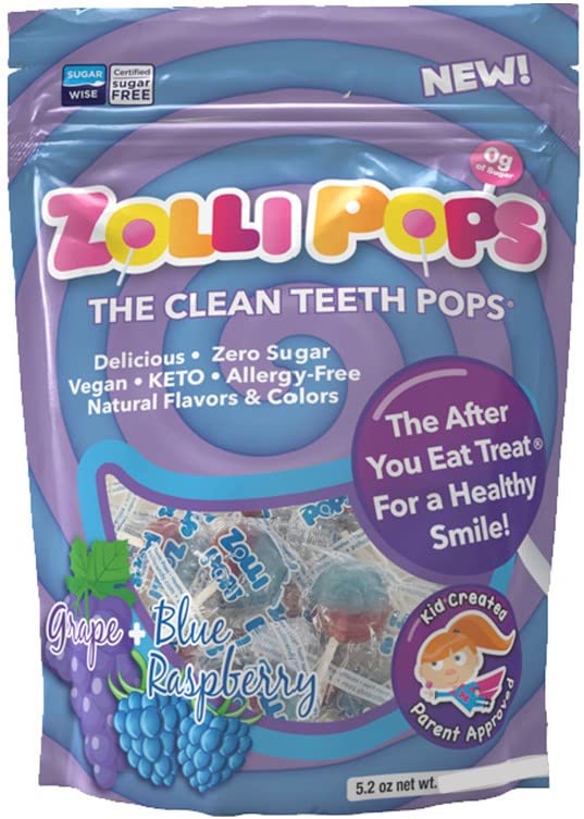 Zollipops Blue Raspberry-Grape Duo Pops, Sugar-free, Allergy-free, Vegan, KETO & Diabetic Friendly, Clean Teeth Candy, Blue-Purple